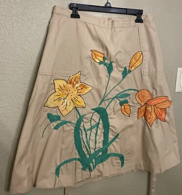 Vintage 60s 70s Rhapsody Glazier Wrap Skirt Crewel Flowers On Khaki - Image 1 of 4