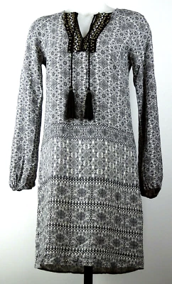 Merona Gray Floral Medallion Long Sleeve Rayon Beaded BOHO Tunic Dress XS - Image 1 of 3