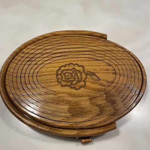 Vintage Handmade Oval Wooden Collapsible Basket With Engraved Flower Unsigned Cover
