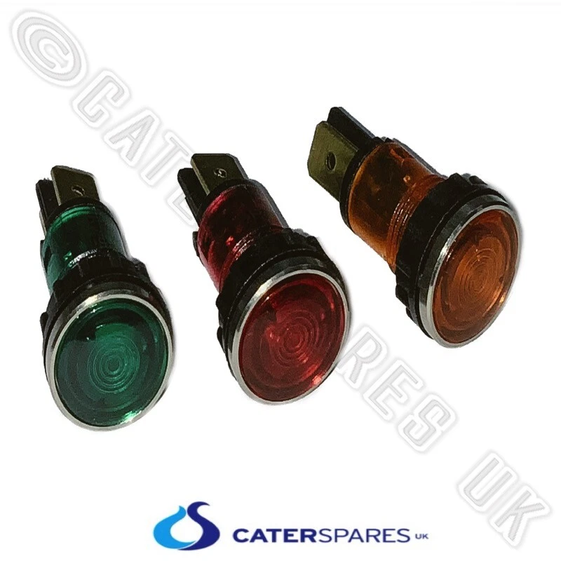 CATERSPARESUK 12MM PANEL NEONLAMPE / GLÜHBIRNE BLINKER CHROM LÜNETTE ROT GRÜN GELB 240V ERSATZTEILE.