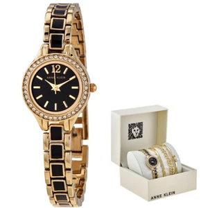 Anne Klein Gold Tone Band Analog Black Dial AK/3396BKST Women's Watch Set - Photo 1 sur 4