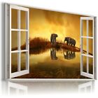 AFRICA ELEPHANTS SUNSET 3D Window Canvas Wall Art Picture W364 UNFRAMED-ROLLED