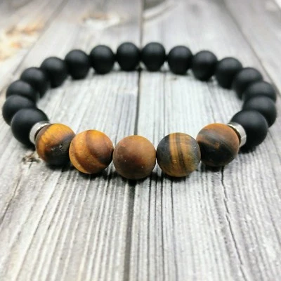 Pulsera para hombre 8"L ACERO INOXIDABLE 10mm mate ojo de tigre + piedras preciosas ónix con cuentas Foto 1 de 4