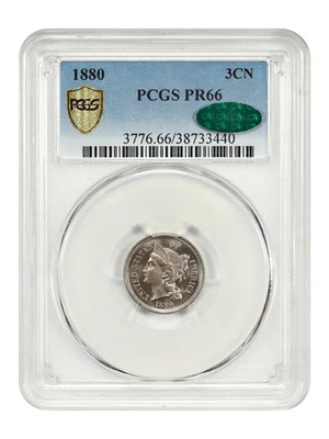 1880 3CN PCGS/CAC PR66 - tres centavos de níquel Foto 1 de 4