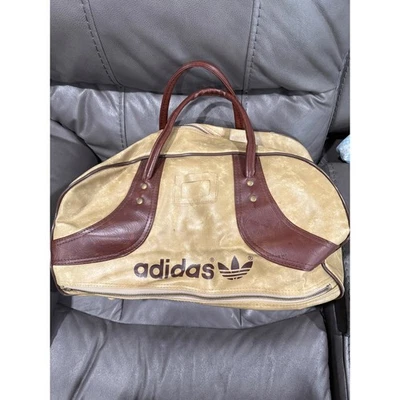 Vintage Adidas Duffle Bag Cream Brown Leather Trim Sport Gym Travel - Image 1 of 4