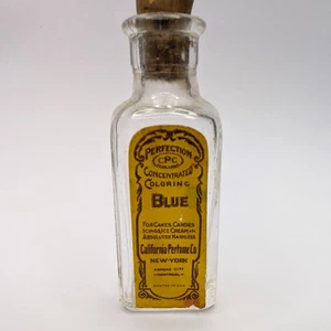 Botella colorante de alimentos azul California Perfume Co década de 1930 corcho CPC vidrio antiguo E6 - Imagen 1 de 9