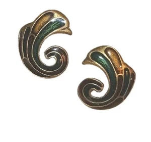 Vintage Earrings Enamel Goldtone Brass Swirl Pierced Retro Glam 80s - Picture 1 of 6