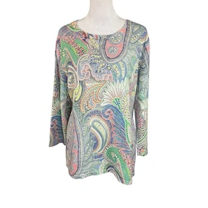 Talbots XL Pullover Sweater 100% Cotton 3/4 Sleeve Multi Paisley on White - Picture 1 of 9
