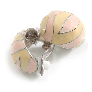 20mm Tall/Pink/Cream Enamel C-Shape Clip On Earrings in Silver Tone - Picture 1 of 4