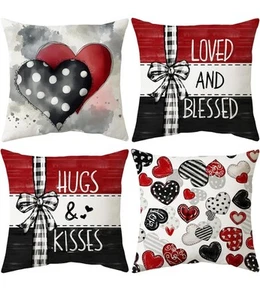 Valentine'S Day Pillow Covers 18X18 Set of 4 Hugs and Kisses Valentines Day Deco - Bild 1 von 7