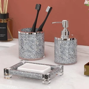 Bathroom Set, 3 Piece Silver Crystal Crushed Diamond Bathroom Accessory Decor... - Foto 1 di 8