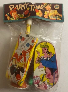 Vintage Metal Tin Litho Hand Held Party Time Noise Makers Sealed Bag - Picture 1 of 3