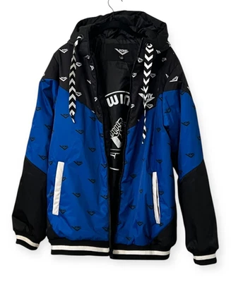 PONY Windbreaker Jacket Men’s Small Blue Black Full Zip Hooded Logo Print Lined - Image 1 of 4