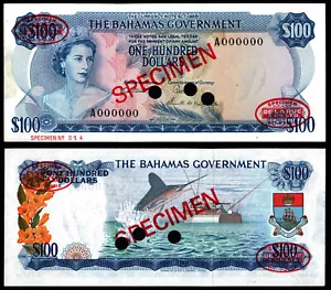 BAHAMAS 100 DOLLARS (P25bsdlr) L. 1965 DE LA RUE SPECIMEN QEII UNC - Picture 1 of 1