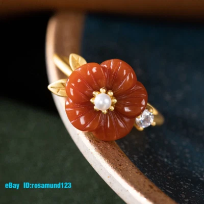 Anillos de flor de jade rojo de plata 925 para mujer joyería natural anillo ajustable Foto 1 de 4