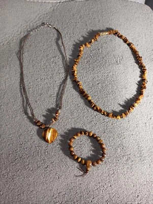 Juego de 3 piezas ojo de tigre 2 collar 1 pulsera joyería hippy boho estilo años 70 Foto 1 de 4