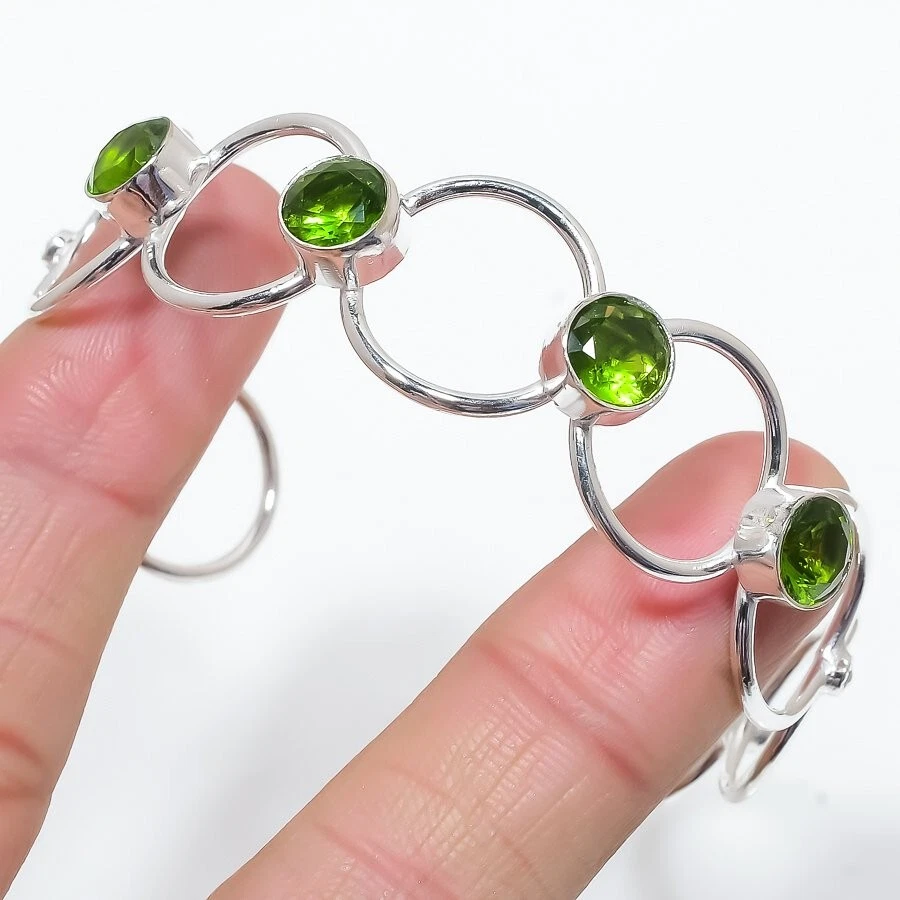 Green Peridot Gemstone 925 Sterling Silver Jewelry Handmade Cuff Bracelet Sz 7-8 - Image 1 of 1
