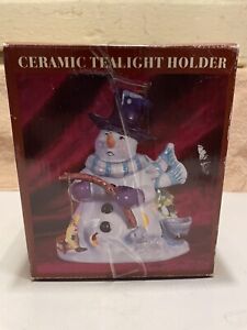 2001 S & H Christmas Hand Painted Fishing Snowman W / Cat Tealight Candleholder