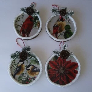 Christmas Holiday Tree Ornaments Cardinals Chickadee Poinsette Wood Round - Picture 1 of 6