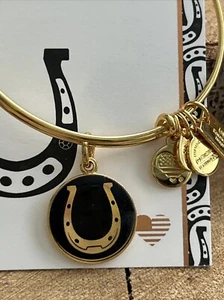 NWT Alex and Ani "HORSESHOE" Charm Black & Gold Adjustable Bracelet w/Tag & Card - Picture 1 of 4