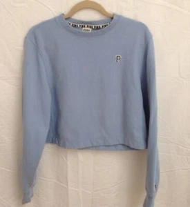 Pink Victoria's Secret light blue cropped campus sweatshirt not fleece S - Picture 1 of 10
