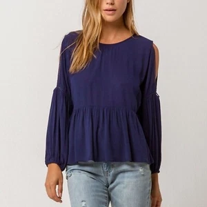O’Neill Women’s Navy Blue Cold Shoulder Peplum Blouse – Size XS, NWOT - Picture 1 of 5