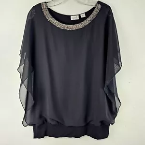 Jaclyn Smith Black Beaded Sheer Over Tank Blouse Sz L Dark Romantic Whimsigoth - Picture 1 of 12