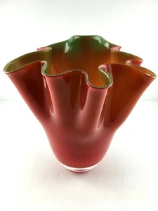 Hand Blown Art Glass Free Form Claret Red Bowl Tall Vase Polished Bottom - Picture 1 of 9