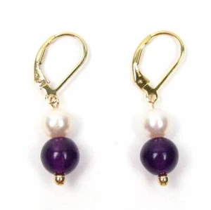 White Pearl & Amethyst Lever Back Earrings 14K Gold, Gold Filled Or 925 Silver - Picture 1 of 1
