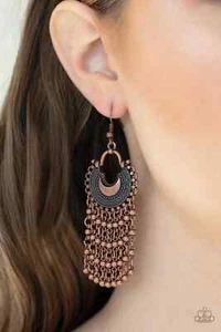 Paparazzi "Catching Dreams" Beaded Copper Chain Fringe Earrings - Picture 1 of 2