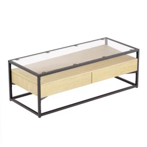 Artiss Coffee Table Square Glass Tabletop End Table 2 Drawers Storage Shelf Pine - Picture 1 of 7