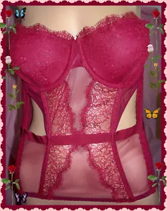 Nuevo con etiquetas $78 36C Vino VICTORIAS SECRET Malla Encaje Muy Sexy Sin tirantes Bustier Corsé - Imagen 1 de 10