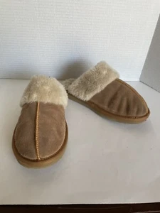 Minnetonka Slippers Brown Leather Women’s 7.5 Slip-On Faux Fur Mules - Picture 1 of 7