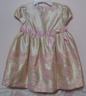 Bonnie Baby 2 Pc Ivory Gold Pink Holiday Party Dress Bloomers 24M - Image 1 of 4