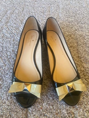 Kate Spade Black Patent Peep Toe Bow Wedges. Size 10-B. - Image 1 of 4