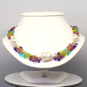 💎 Handmade Natural Pearl & Gems Necklace in 925 Sterling Silver (Gold Plated) - Picture 1 of 13