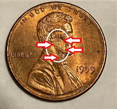 1999 LINCOLN MEMORIAL ONE CENT (WIDE "AM") (STRIKE THROUGH LINCOLN BEARD) - Image 1 of 3