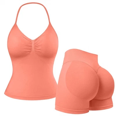  Women 2 Piece Workout Yoga Outfits Sets Sport Gym Butt Lifting Shorts Tank Tops - Image 1 of 4