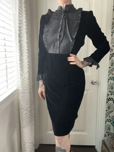 Vtg 80s Does Victorian Jean Patou Paris Velvet Tuxedo Dress Gothic Couture 44 M - Picture 1 of 14