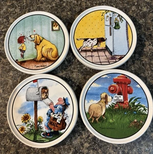 Gary Patterson clay design dog lovers set of 4 ceramic round coasters 4' Funny - Picture 1 of 12