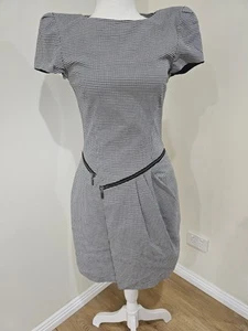 Cue Dress Womens 8 Black Grey Checked Straight Sheath Shoulders Zips Pockets - Picture 1 of 11