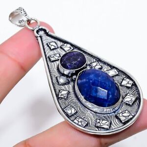 Sapphire(Simulated) Gemstone 925 Sterling Silver Jewelry Pendant 2.96" b714