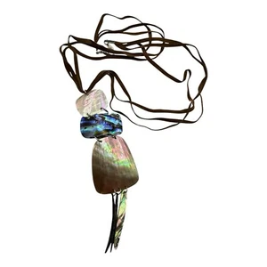 Vintage Iridescent Abalone Shell Pendant Necklace with Brown Suede Cord - Picture 1 of 5