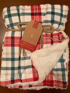 Merry & Bright Baby Blanket Micromink Red Green White Plaid Reverse Sherpa 30x40 - Picture 1 of 6