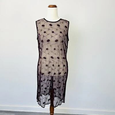 Vintage 90s Sheer Shift Dress Whimsigoth Floral Embroidered Burgundy Size 12 - image 1 of 4