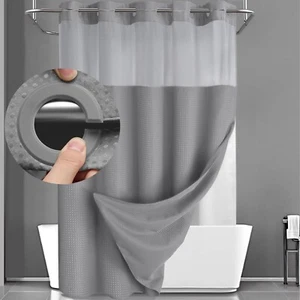 No Hook Shower Curtain with Snap in Liner Set Less Time Grey Waffle Shower Curta - Picture 1 of 6