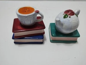 Clay Art Teapot & Teacup Sitting On Books Salt Pepper Shakers 3" Library Unique - Picture 1 of 10