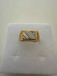 18 KARAT YELLOW WHITE GOLD MAN BAND RING SQUARE ON TOP WITH CUBIC ZIRCONIA ITALY - Picture 1 of 10