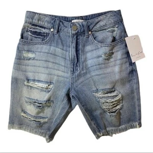 Love Fire Denim Shorts Blue Distressed Frayed Hem Mid Rise LA Fringe Vintage 5 - Picture 1 of 8