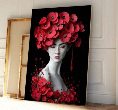 XL LEINWAND BILD BIS 150x100x5 ROTE MOHNBLUMEN FRAU GEMÄLDE NATUR MODERN SCHWARZ - Bild 1 von 4